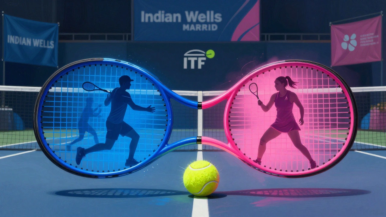 A tennis racket split into ATP and WTA halves, balanced on a tennis ball, with tournament banners in the background.