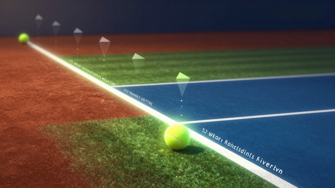 Abstract illustration of a tennis ball moving across clay, grass, and hard court surfaces.