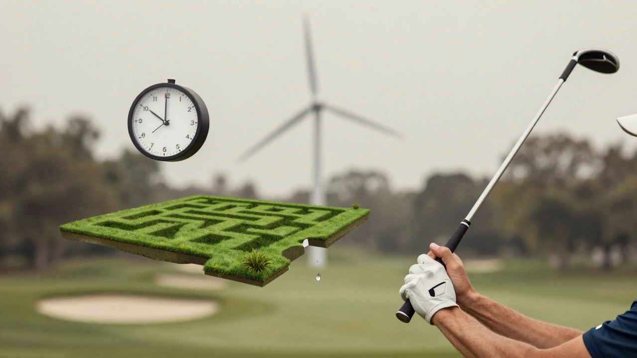 Abstract representation of a golfer's hands with floating symbols of time, motion, and course obstacles.