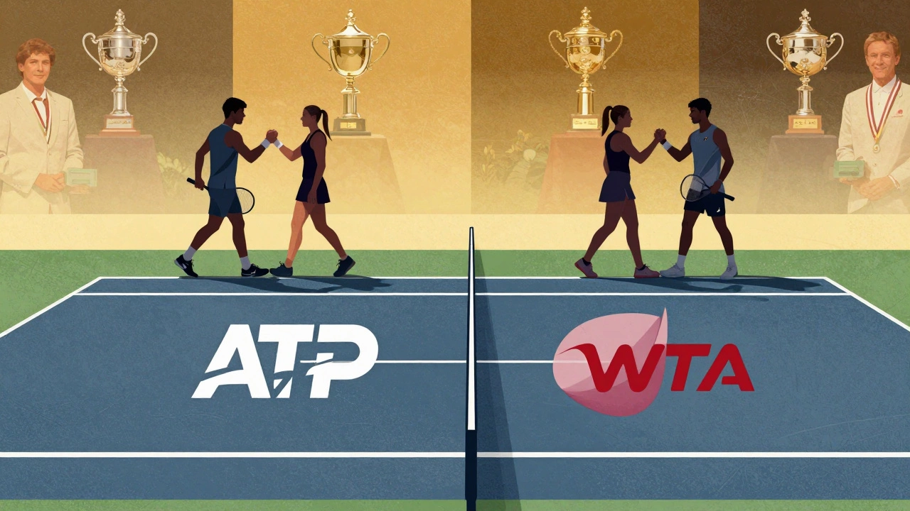 ATP and WTA logos on a tennis court with top players shaking hands in mixed doubles, symbolic of collaboration.