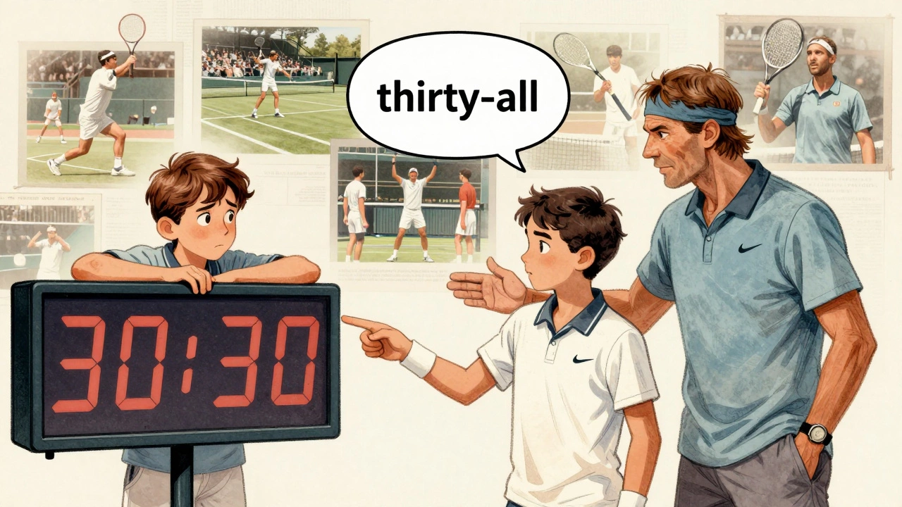 Beginner confused by '30/30' score vs. coach correcting them to say 'thirty-all'.