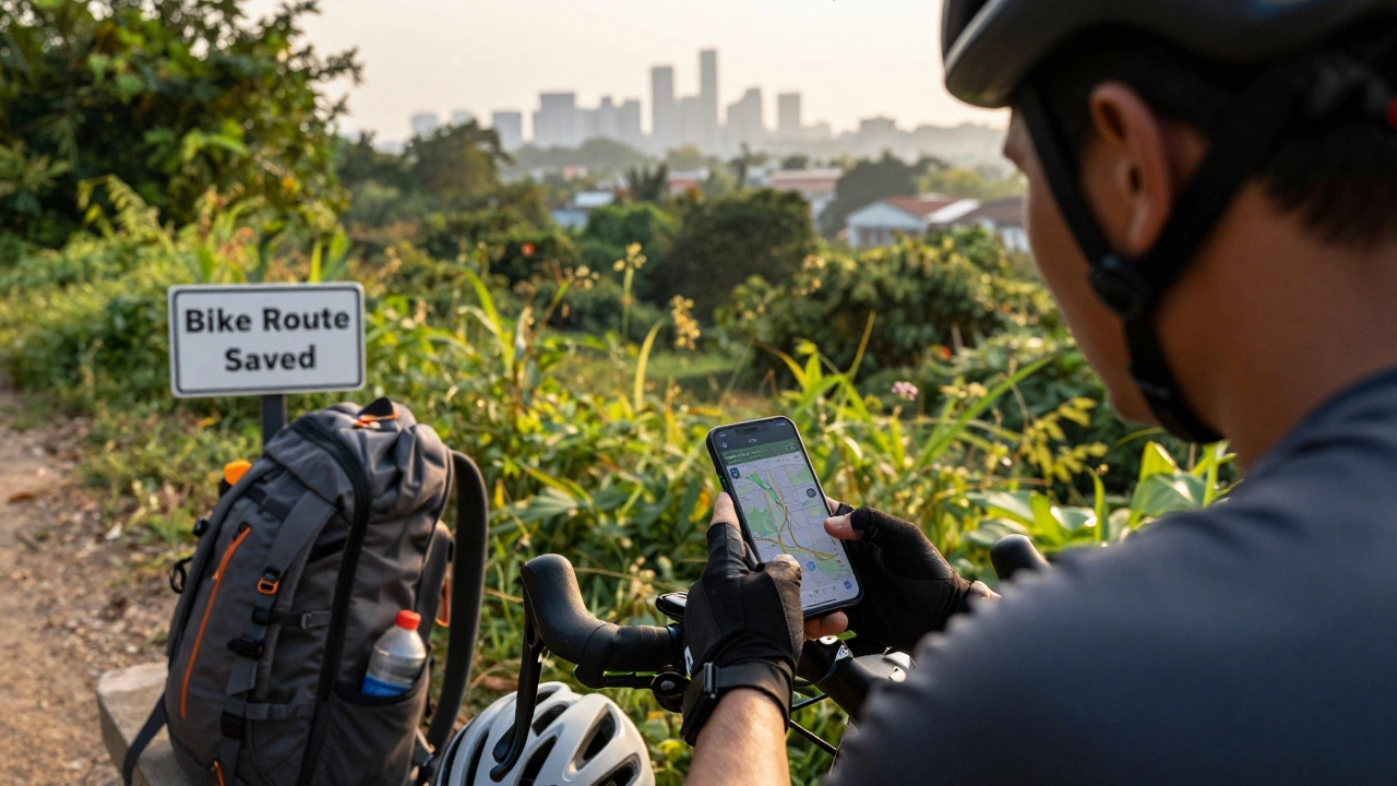 Cyclist resting on Aarey Forest trail with phone displaying offline Google Maps route, surrounded by trees and city skyline.