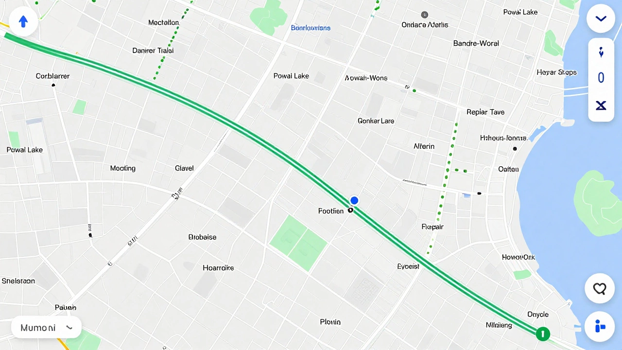 Google Maps overlay showing bike lanes, shared paths, and amenities across Mumbai with key landmarks marked.