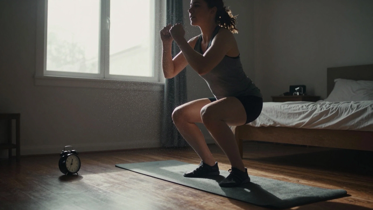 Individual doing HIIT exercises like jump squats and mountain climbers in a bedroom, motion captured mid-action.