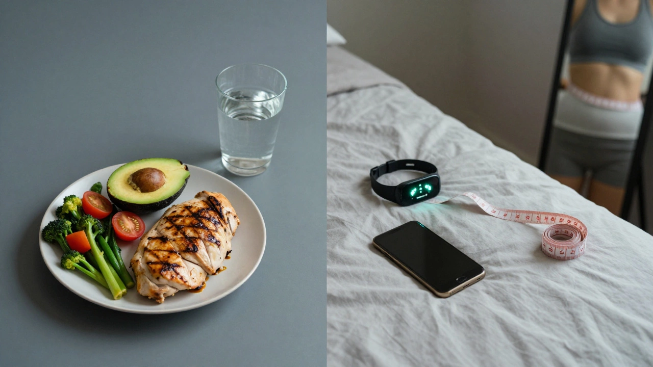 Nutritious meal and sleep routine symbols: food, water, bed, and tape measure, representing healthy fat loss habits.