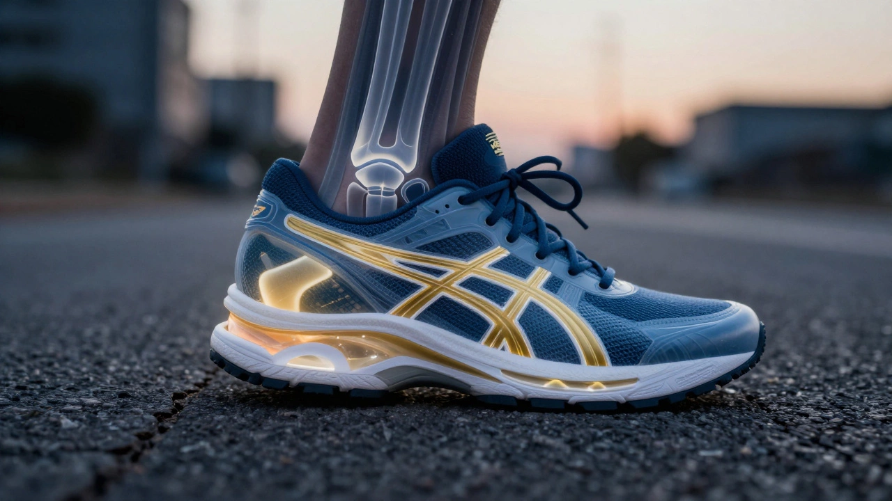 Slow-motion foot landing on pavement with biomechanical overlay showing Asics Gel and FlyteFoam layers.
