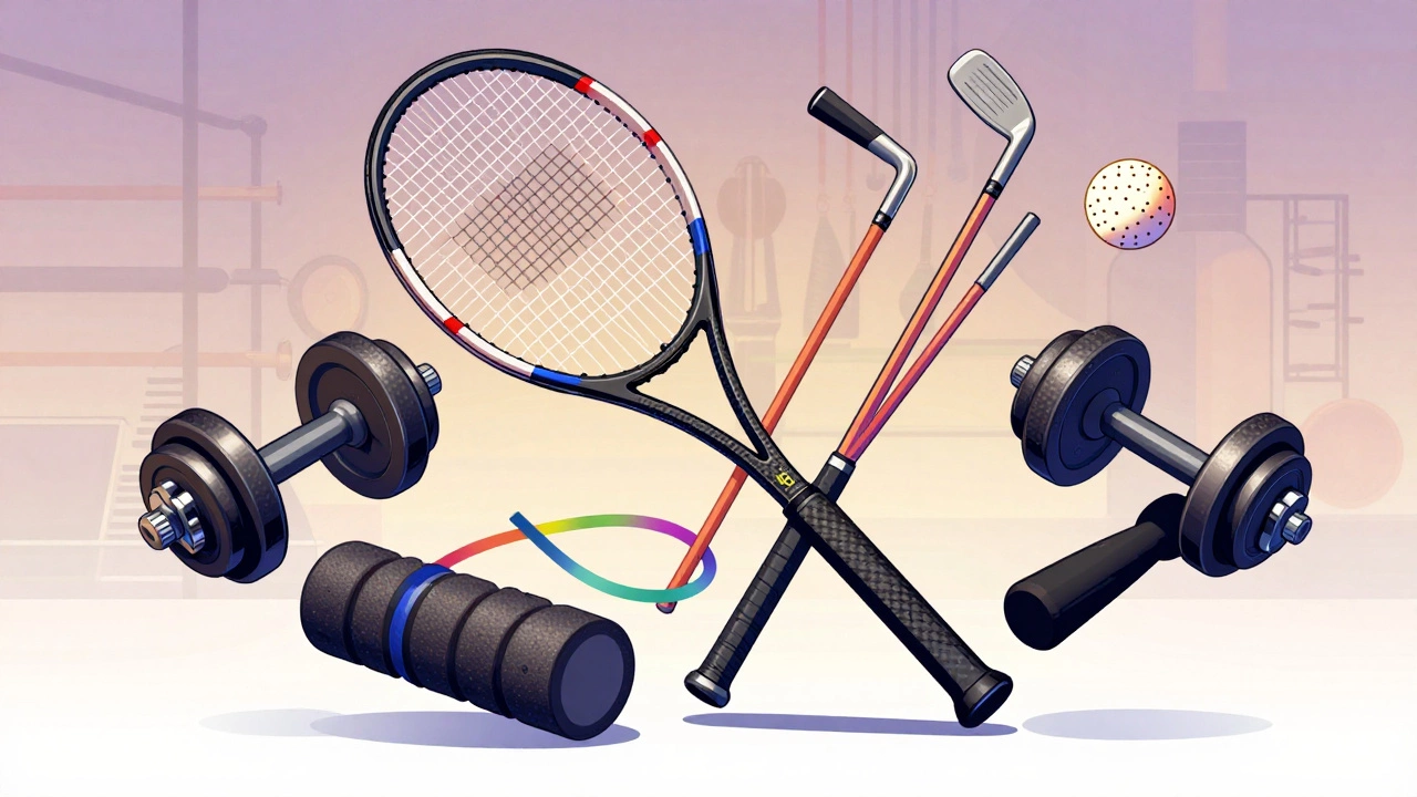 Tennis racket, golf clubs, and dumbbells arranged artistically.