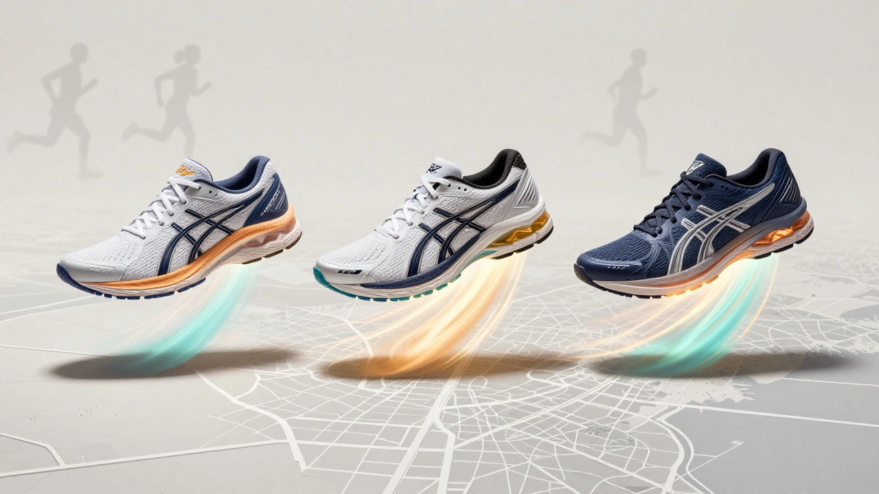 Three Asics running shoe models floating above city streets with energy trails representing cushioning tech.