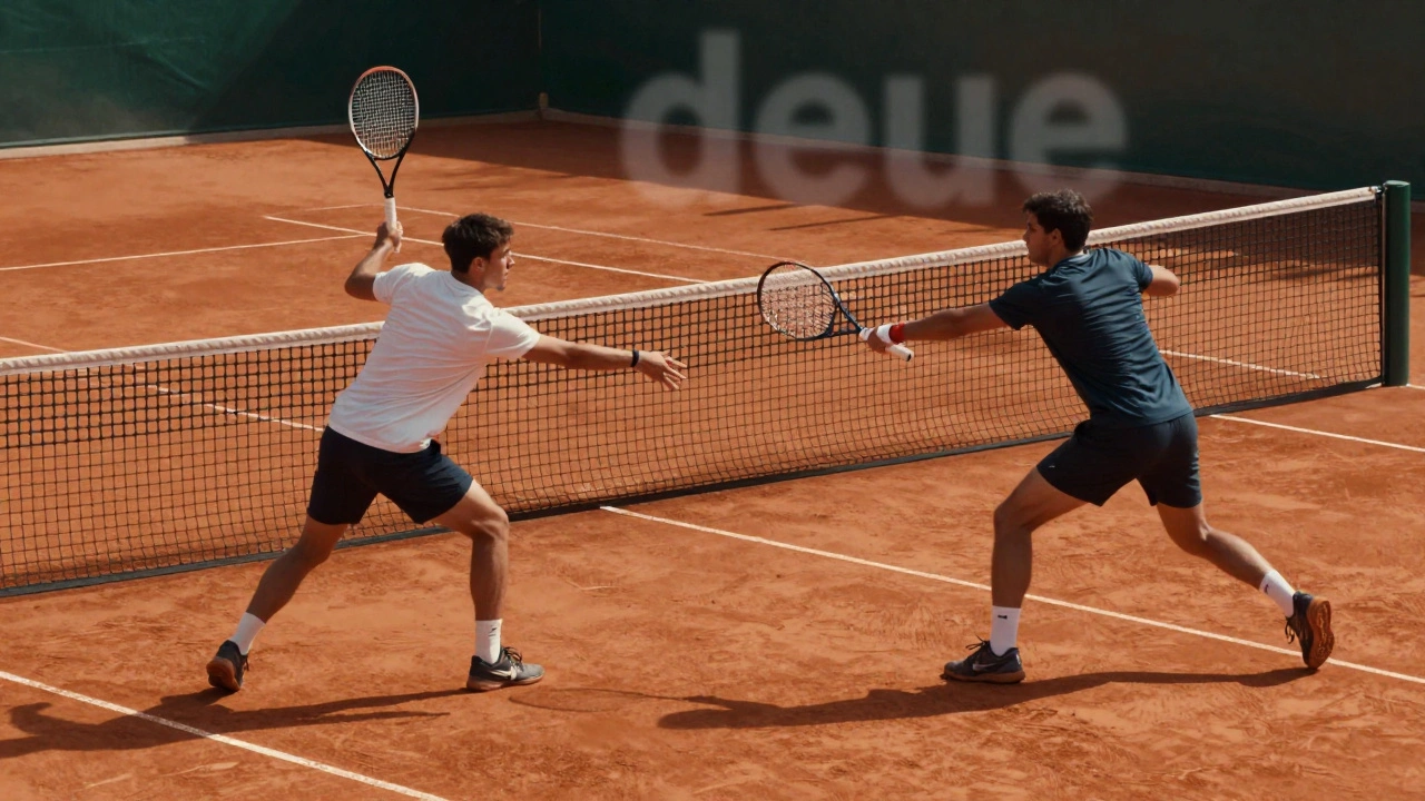 Two tennis players in a tense rally at deuce, clay court under dramatic lighting.