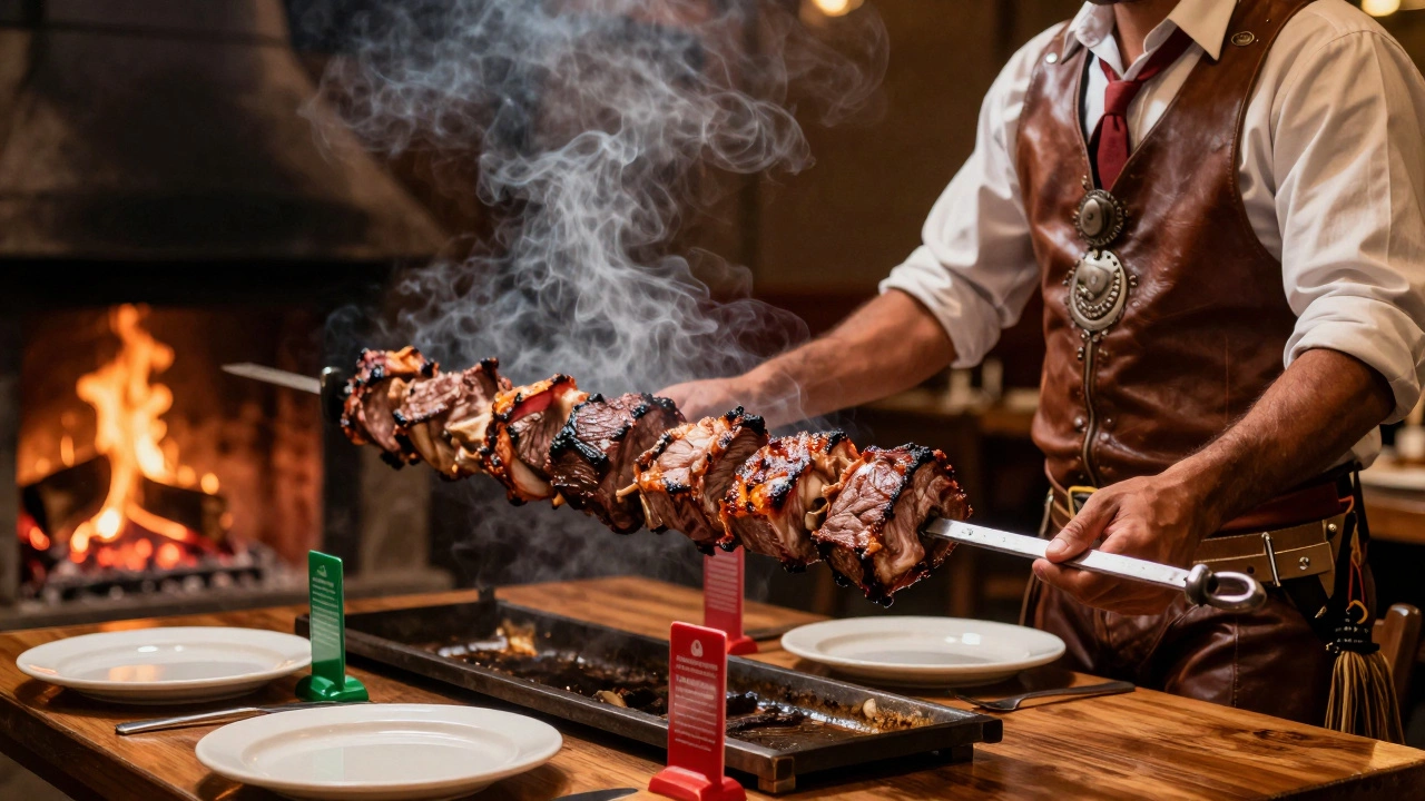 Waiter serving grilled meat skewers at a Brazilian steakhouse