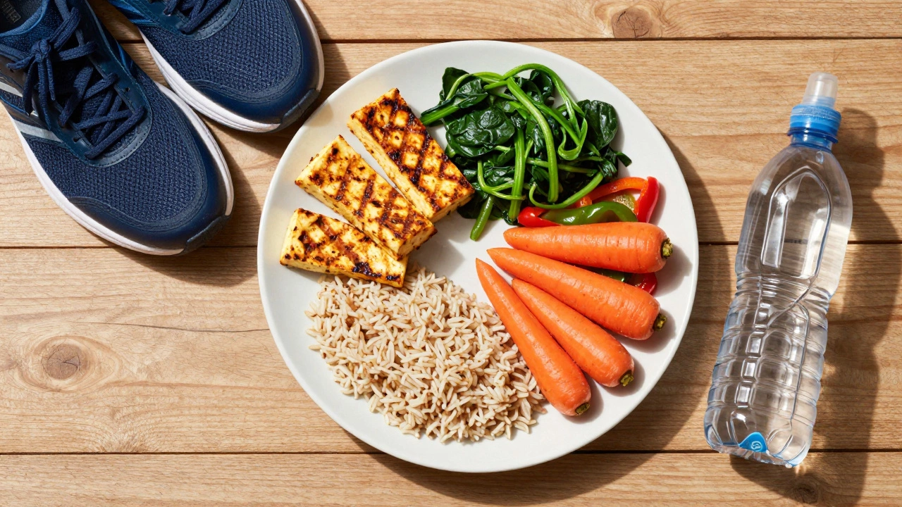 A balanced meal with vegetables and protein next to running shoes on a table.