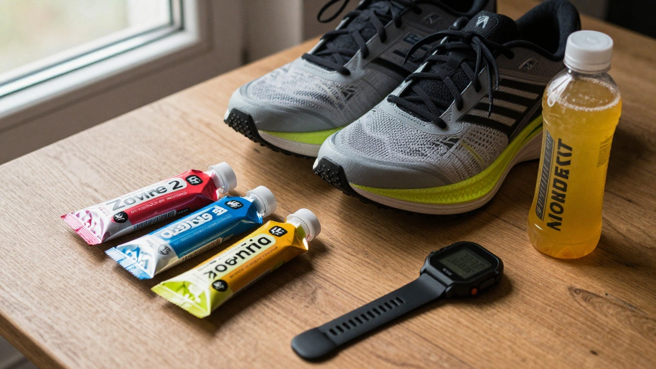 A flat lay of running shoes, energy gels, and a sports watch on a wooden table.
