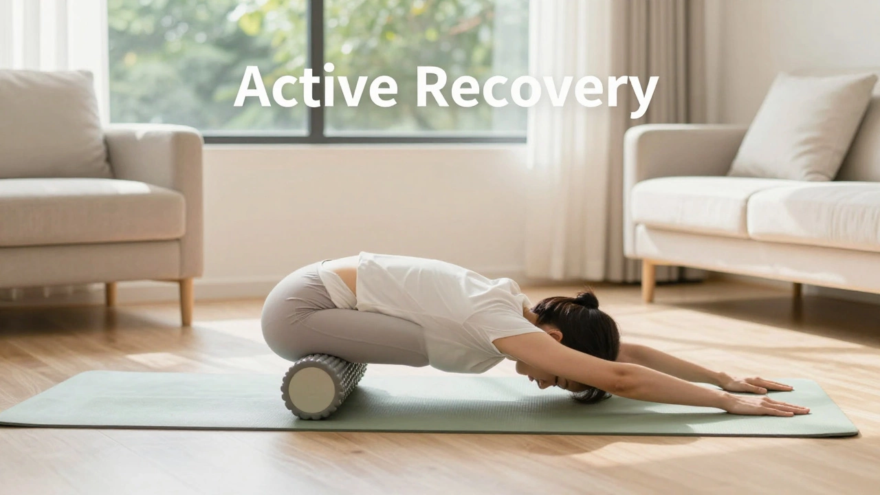 A person performing gentle mobility stretches in a bright, peaceful room for recovery.