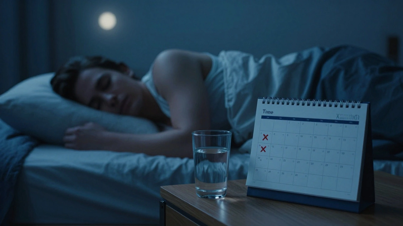 A person sleeping peacefully in a dim room with a habit tracker calendar nearby.
