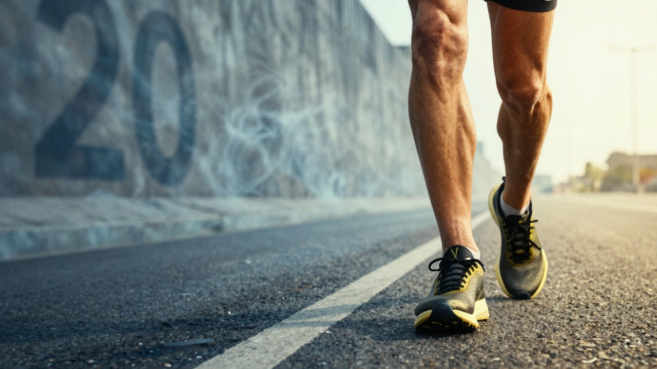 A runner's legs in motion on the road, symbolizing endurance and overcoming fatigue.