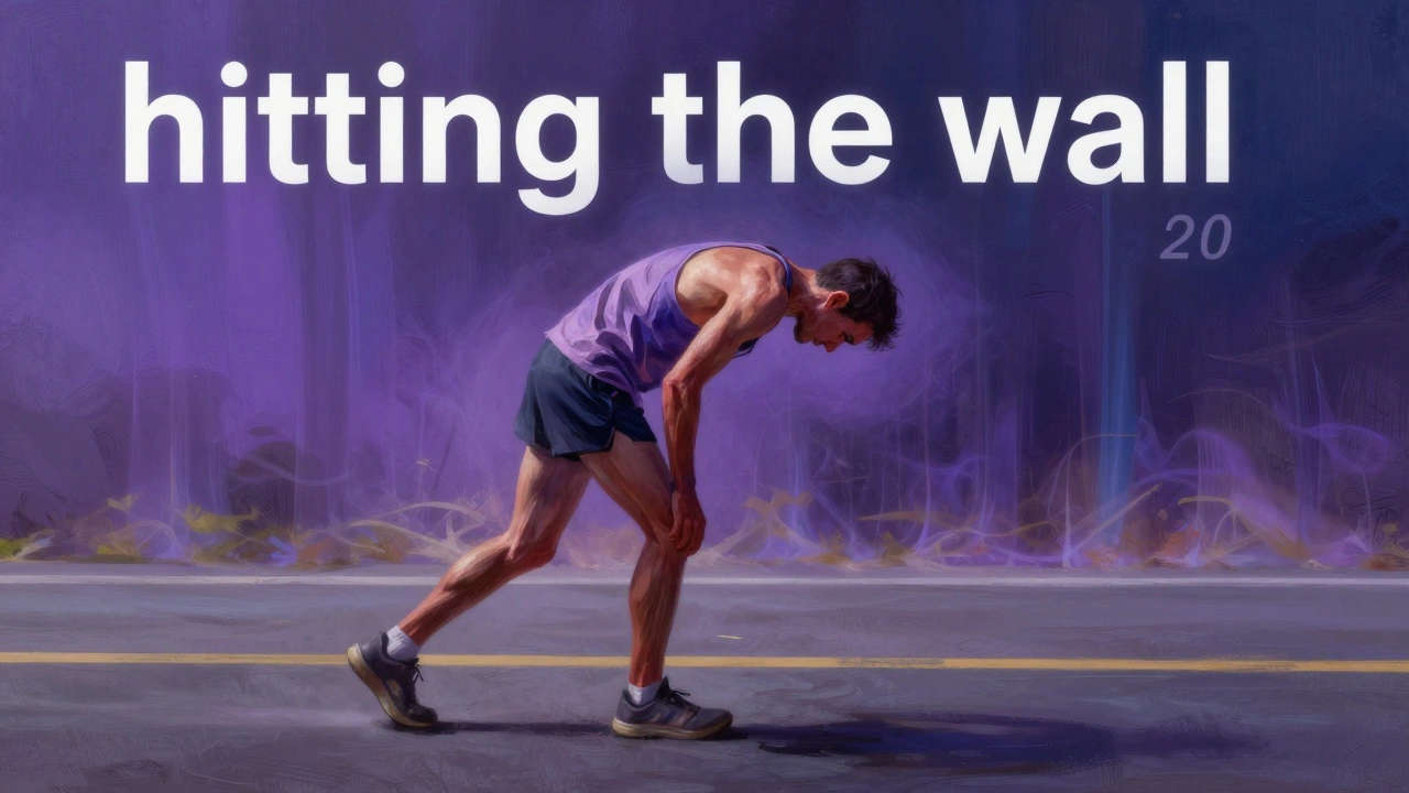 An exhausted runner facing a conceptual wall representing fatigue at mile 20 of a marathon.