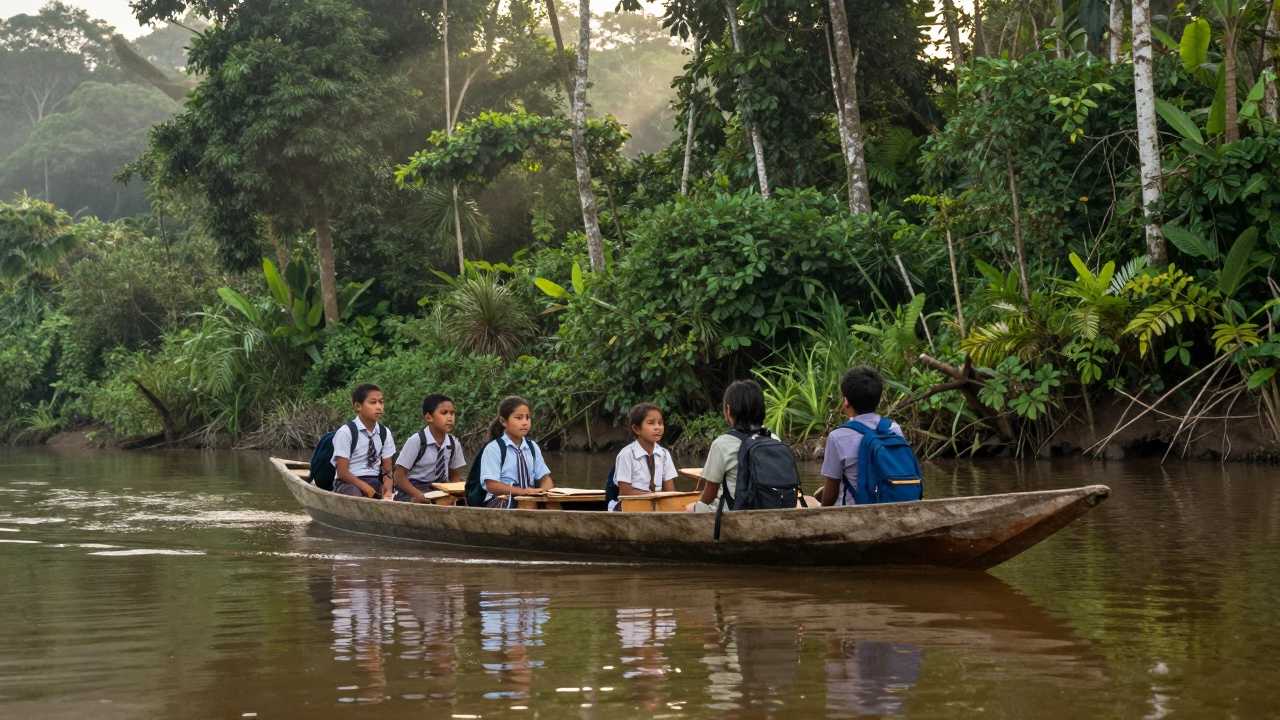 Children in a boat traveling through the Amazon rainforest to get to school