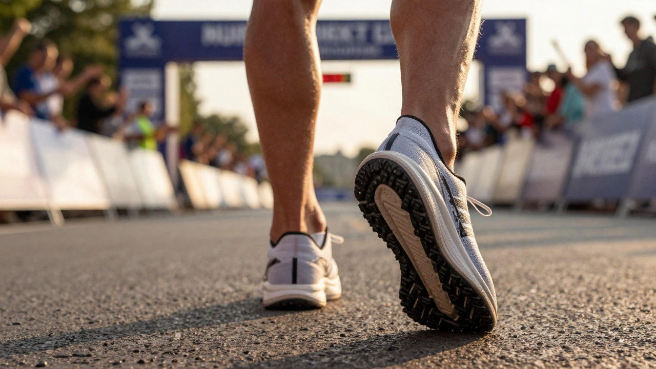 Close-up of high-performance running shoes approaching a marathon finish line.