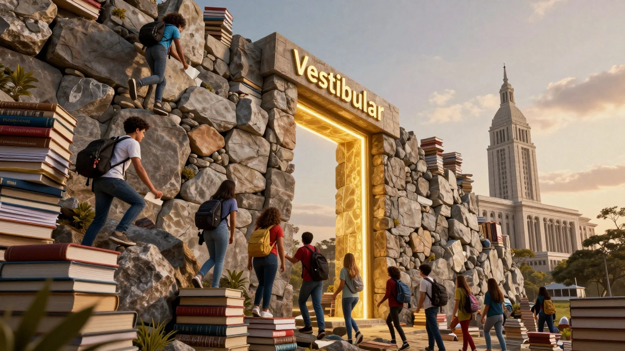 Students climbing a mountain of books to reach a university gate