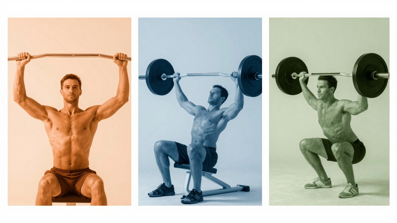 Three panels illustrating push, pull, and leg exercises with distinct color themes.