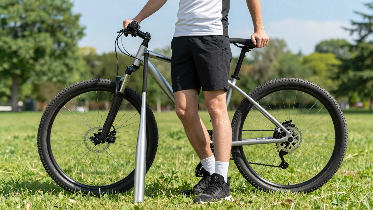 Athlete with aluminum baseball bat and bike in a park