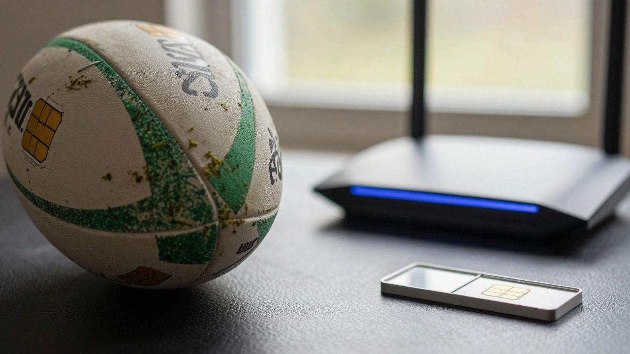 Close-up of a rugby ball placed next to a wifi router and mobile SIM card
