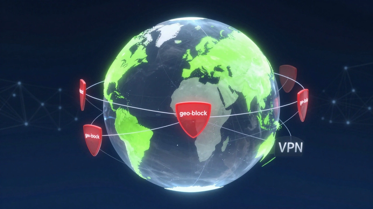 Digital globe illustration showing global streaming connections and geo-blocking barriers