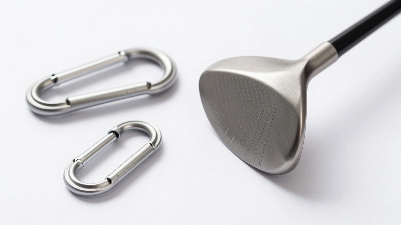 Matte gray titanium golf club head and climbing carabiners