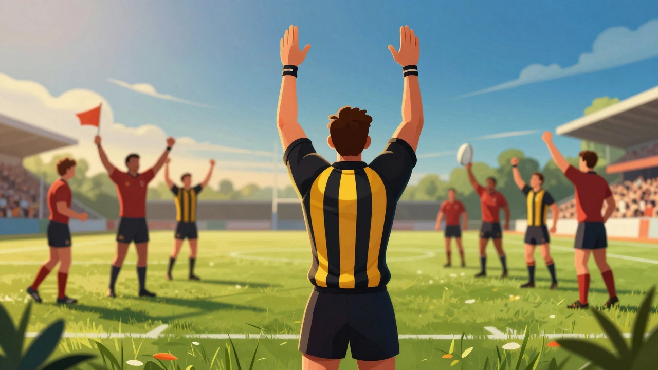 Referee signaling a scored try by raising both arms straight up on the pitch