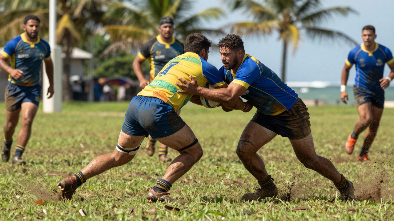 Rugby players tackling each other intensely on a grassy field