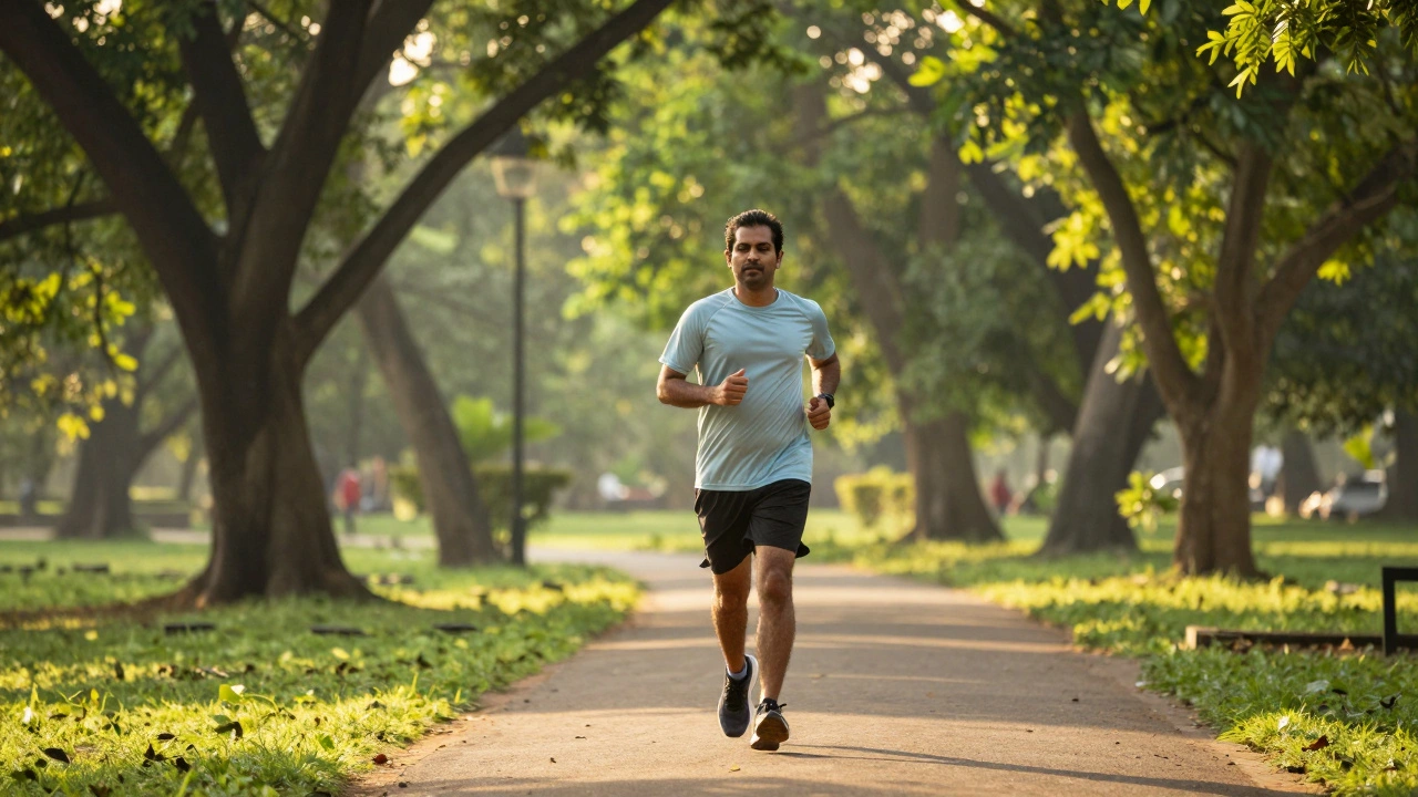 Runner enjoying a relaxed easy jog in a sunny green park