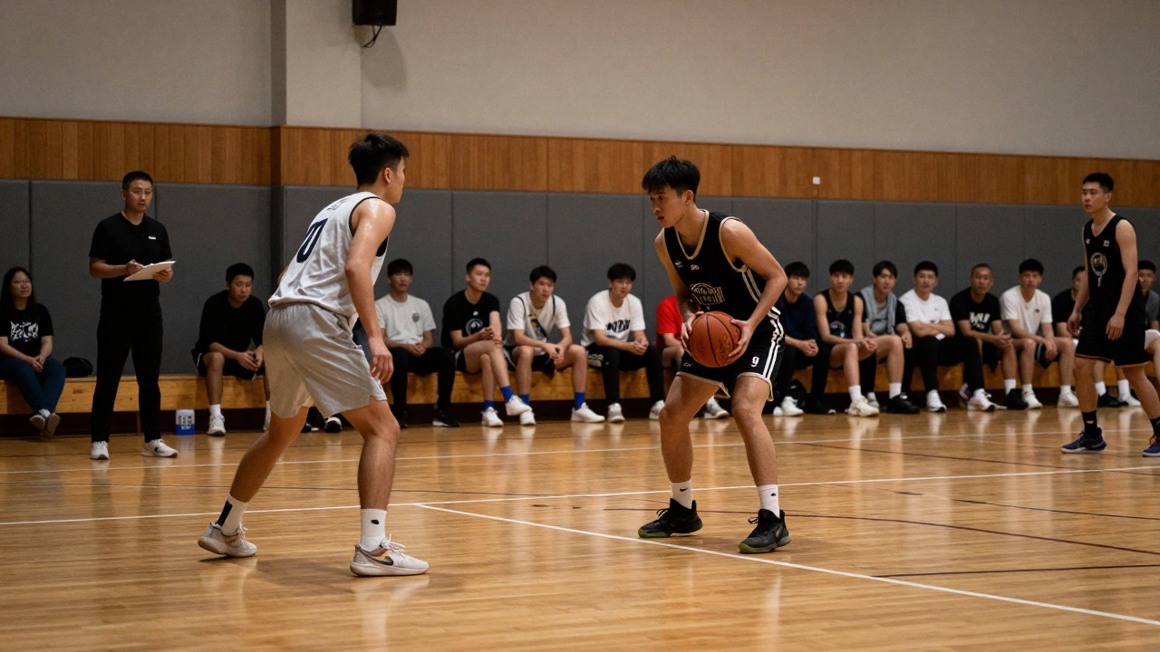 Semi-pro basketball game in a modest local community sports hall