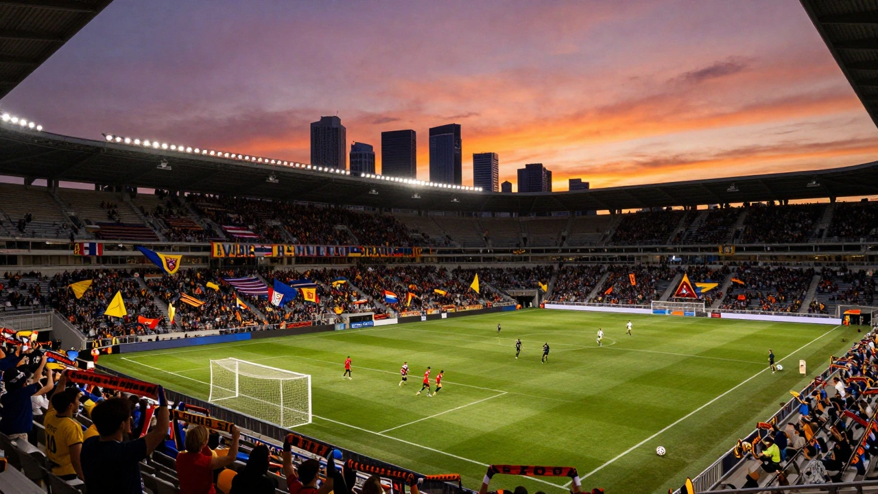 Soccer players competing in a stadium with city skyline at sunset