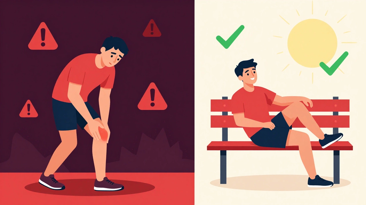 Split illustration contrasting injury from overtraining vs rest