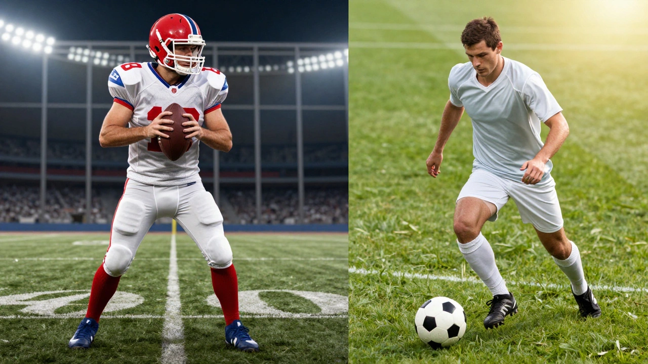 Split image comparing American football gear with soccer player on grass