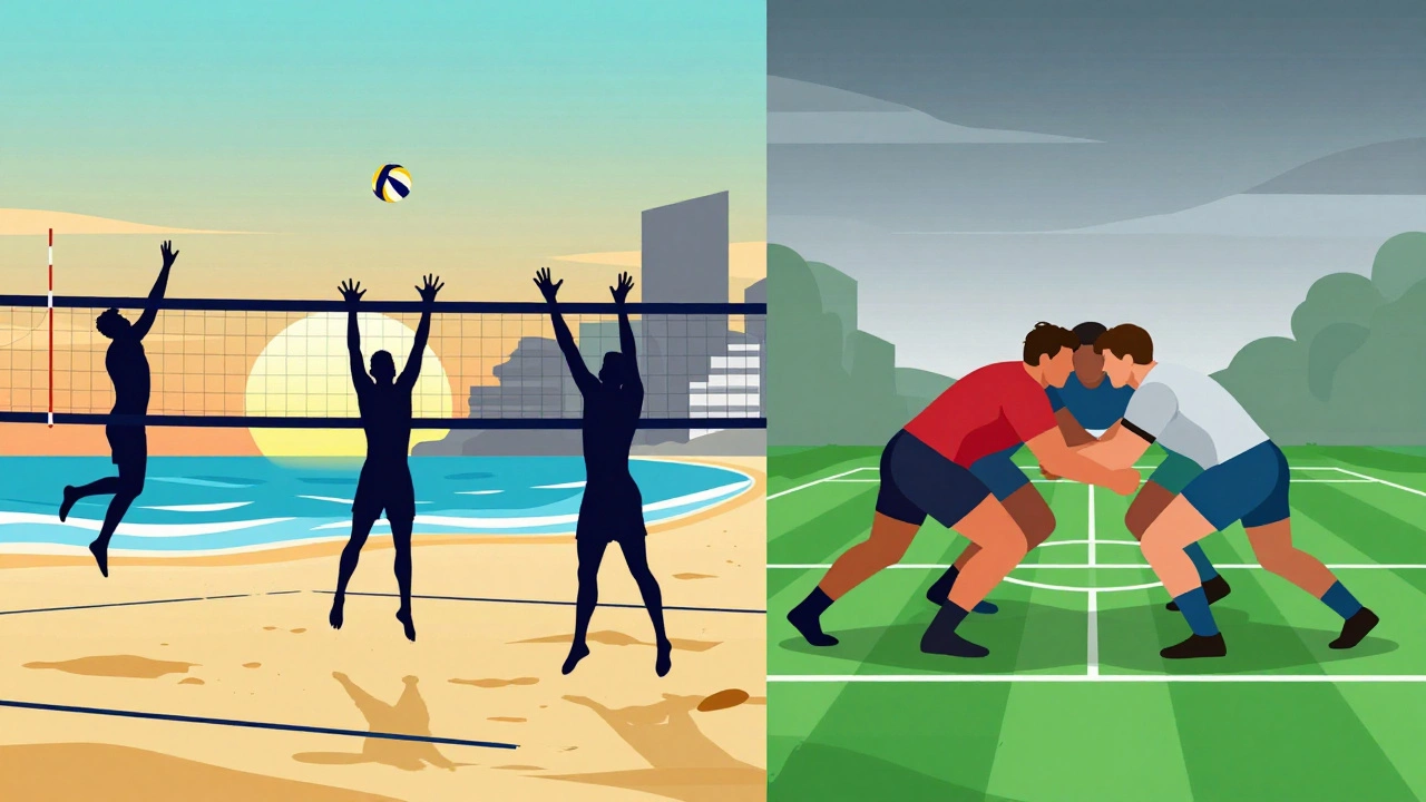 Split image showing beach volleyball and a rugby scrum
