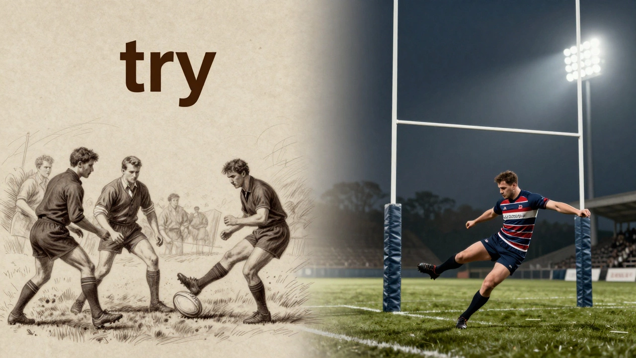 Split image showing historical goal attempt vs modern conversion kick in rugby