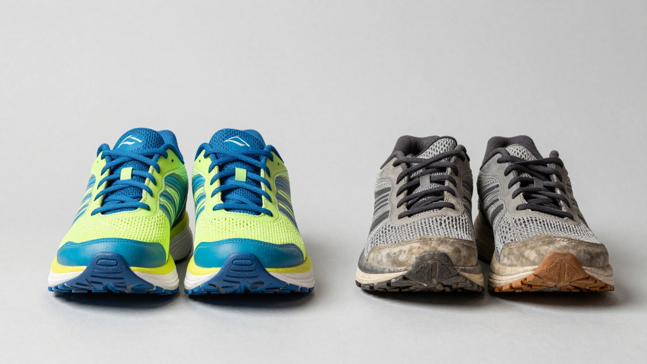 Comparison of new versus worn-out running shoes side by side