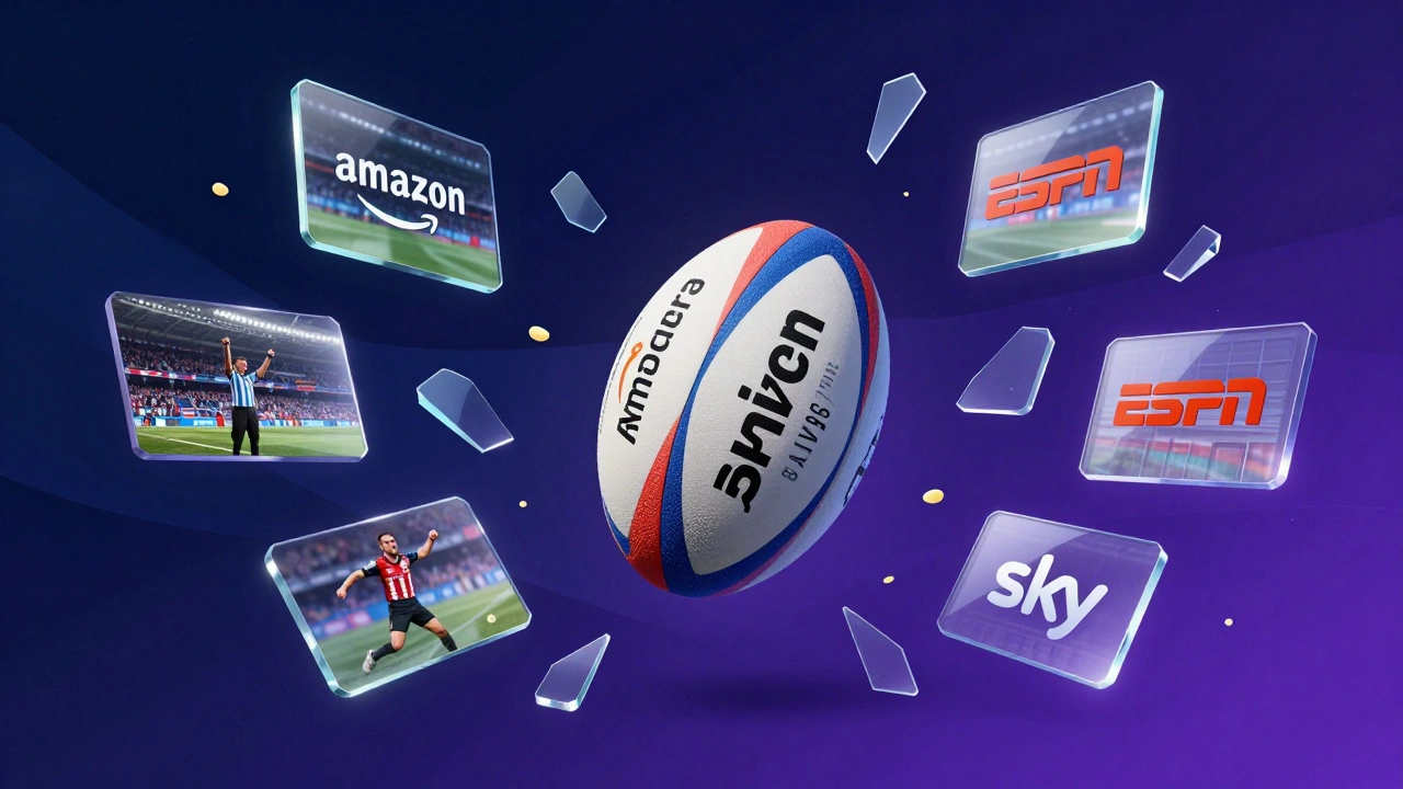 Conceptual art of a rugby ball surrounded by floating digital shards representing streaming services.