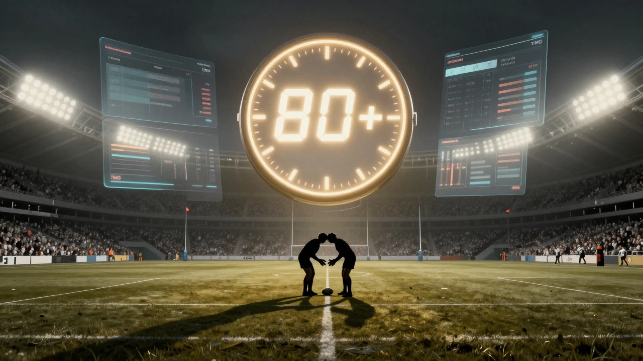 Digital clock showing over 80 minutes above a tense penalty shootout scene