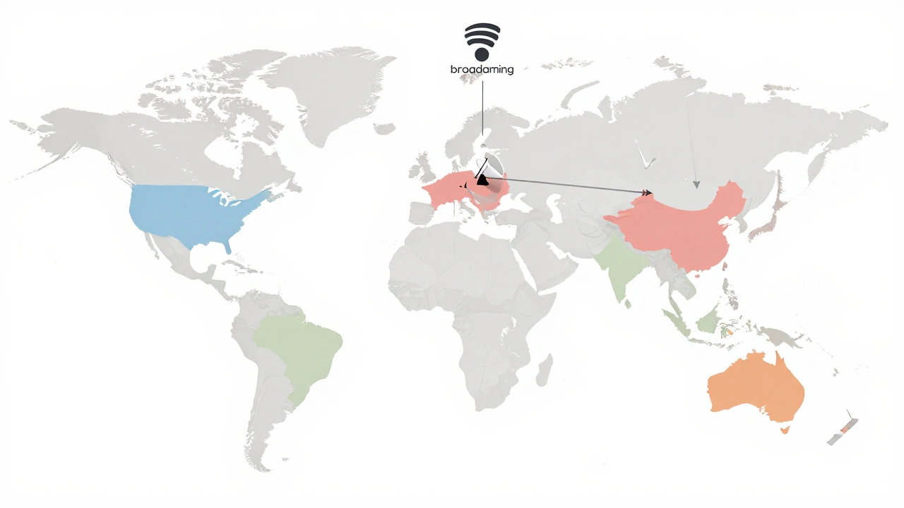 Minimalist map illustration showing global rugby broadcasting regions and platform connections.