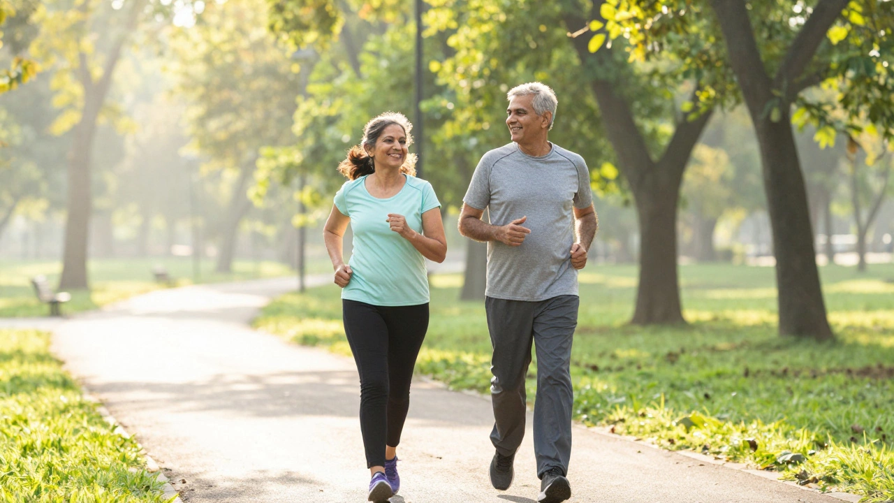 Older couple jogging happily in a park, representing sustainable active living