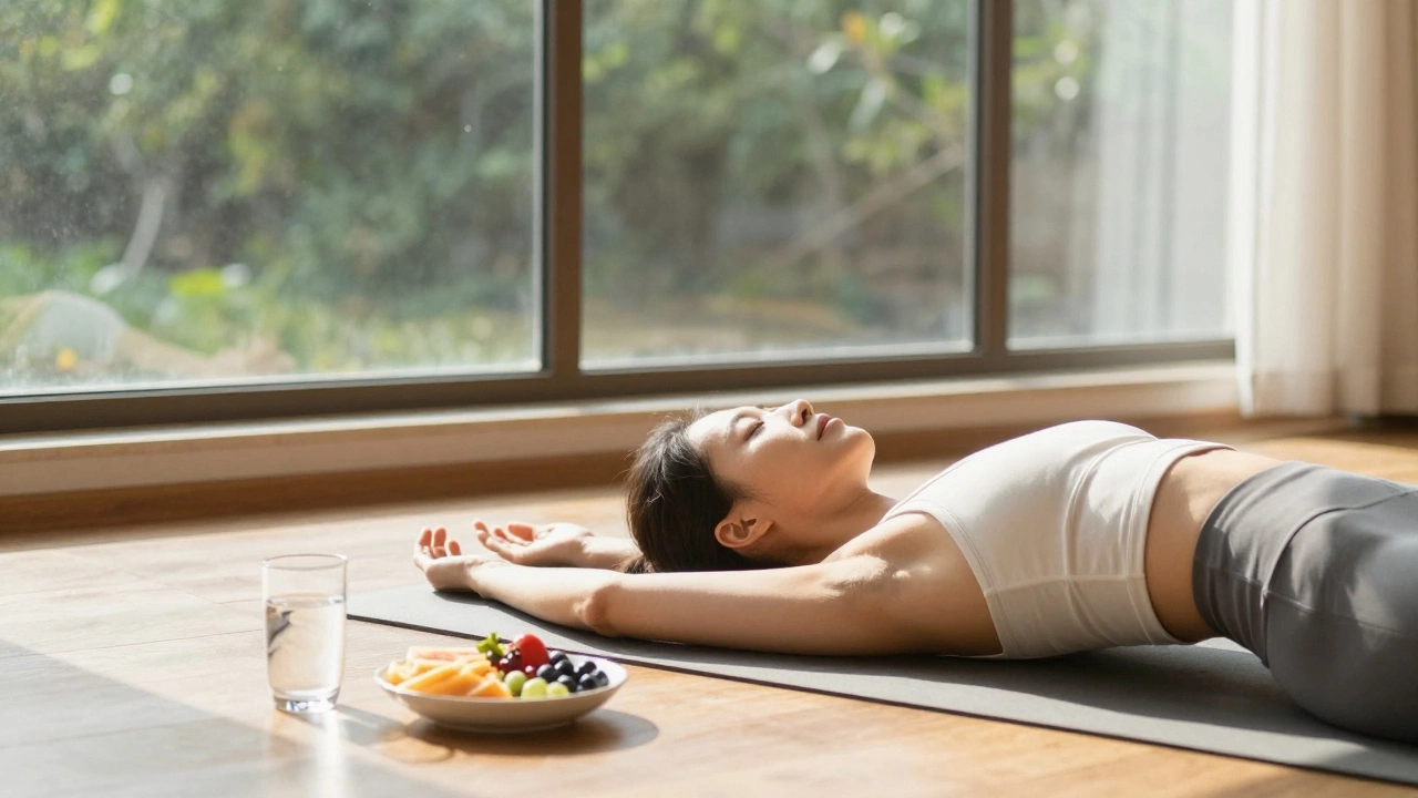 Person doing gentle yoga for active recovery in sunlight