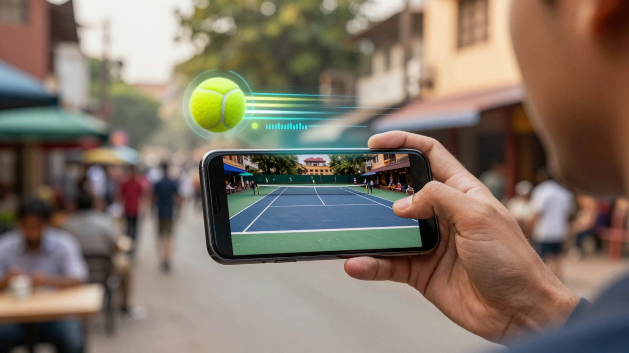 Person watching live tennis on smartphone with AR stats overlay