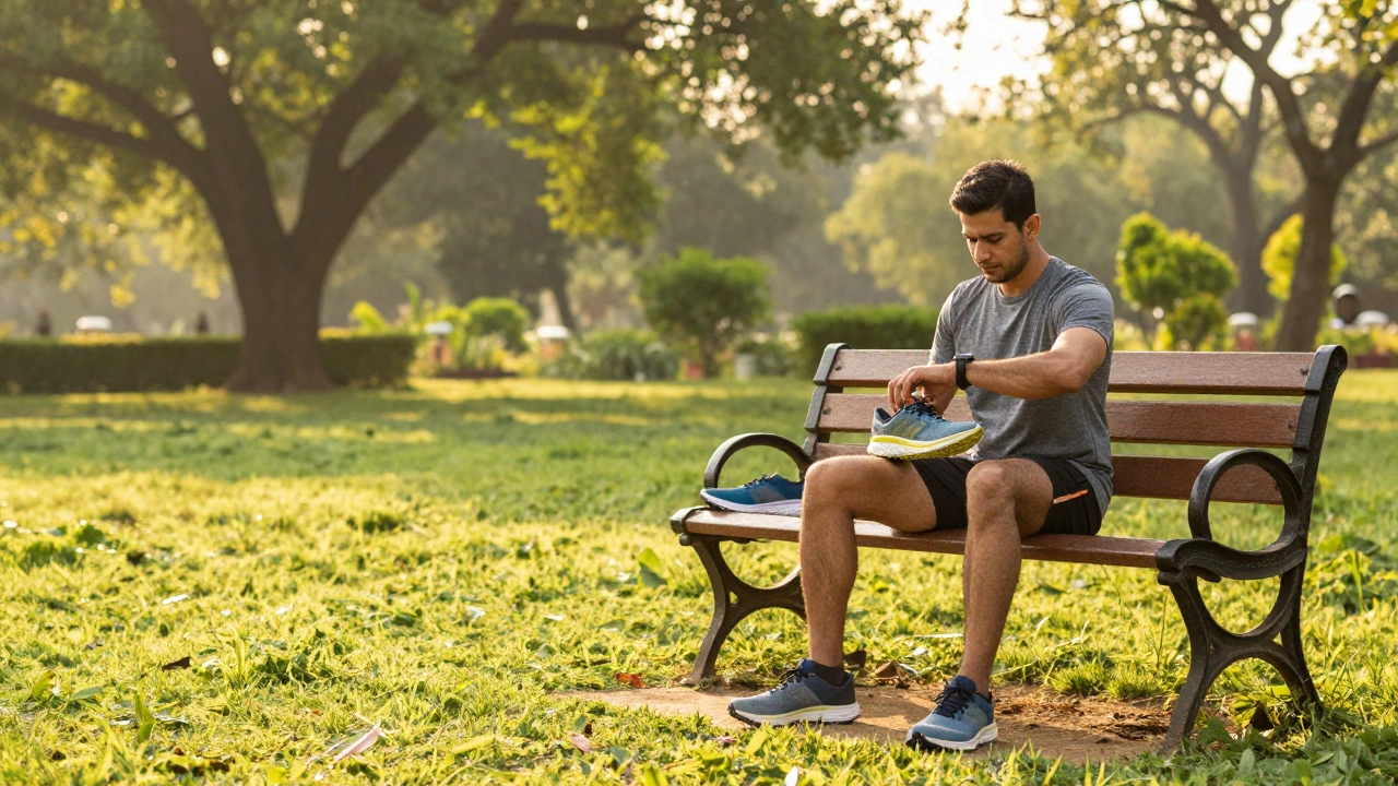 Runner resting with two pairs of shoes to demonstrate rotation