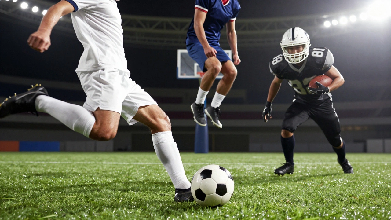 Soccer, basketball, and football players in action on a field