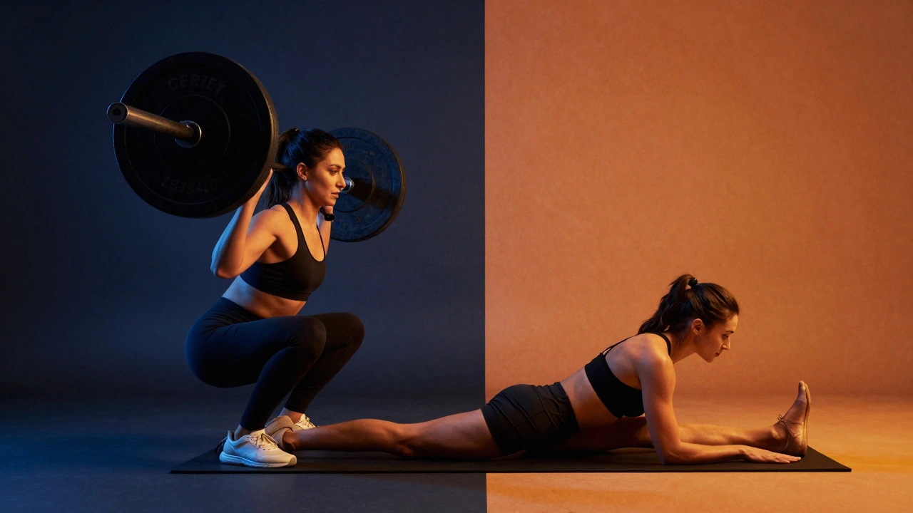 Split view of heavy lifting and light stretching in gym