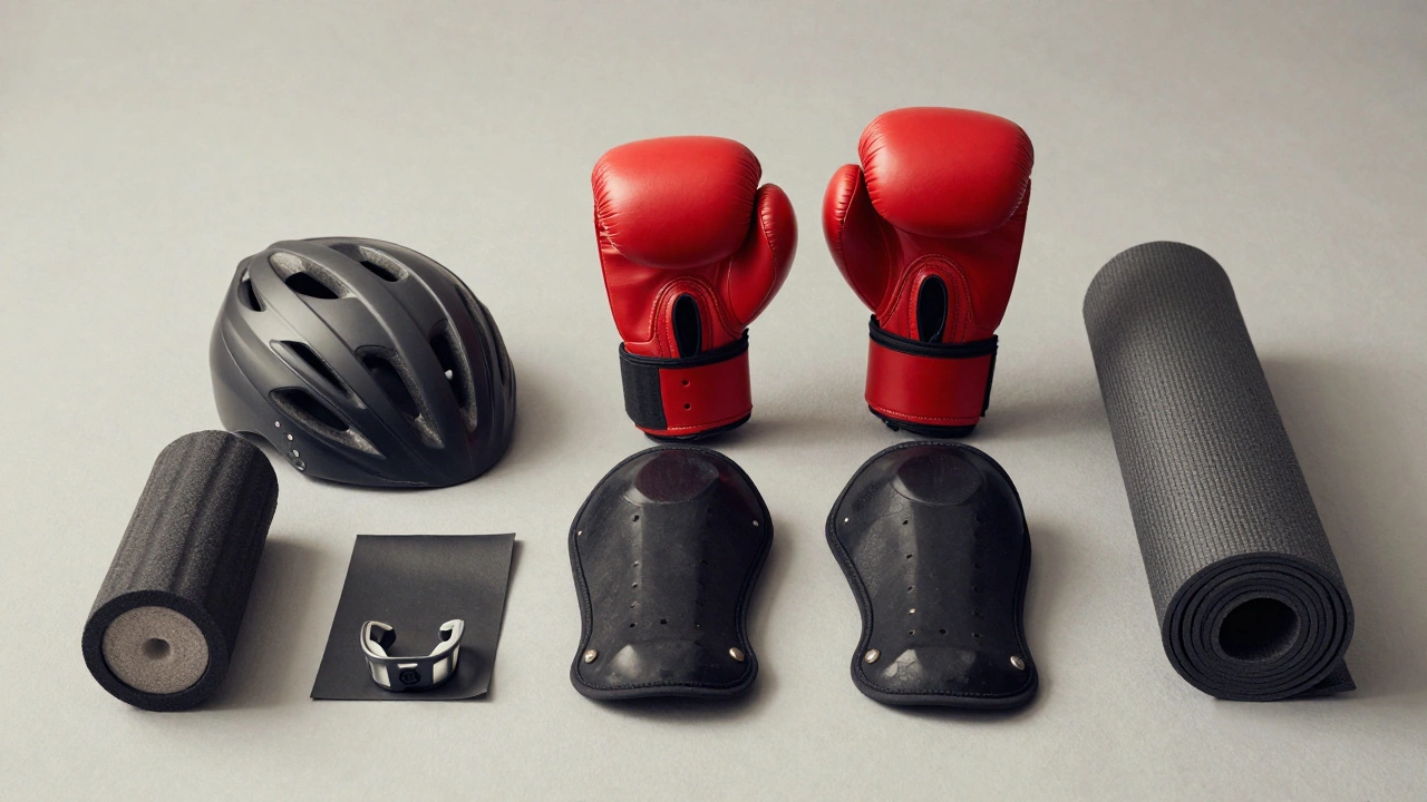 Sports safety gear including helmets, gloves, and mats arranged neatly