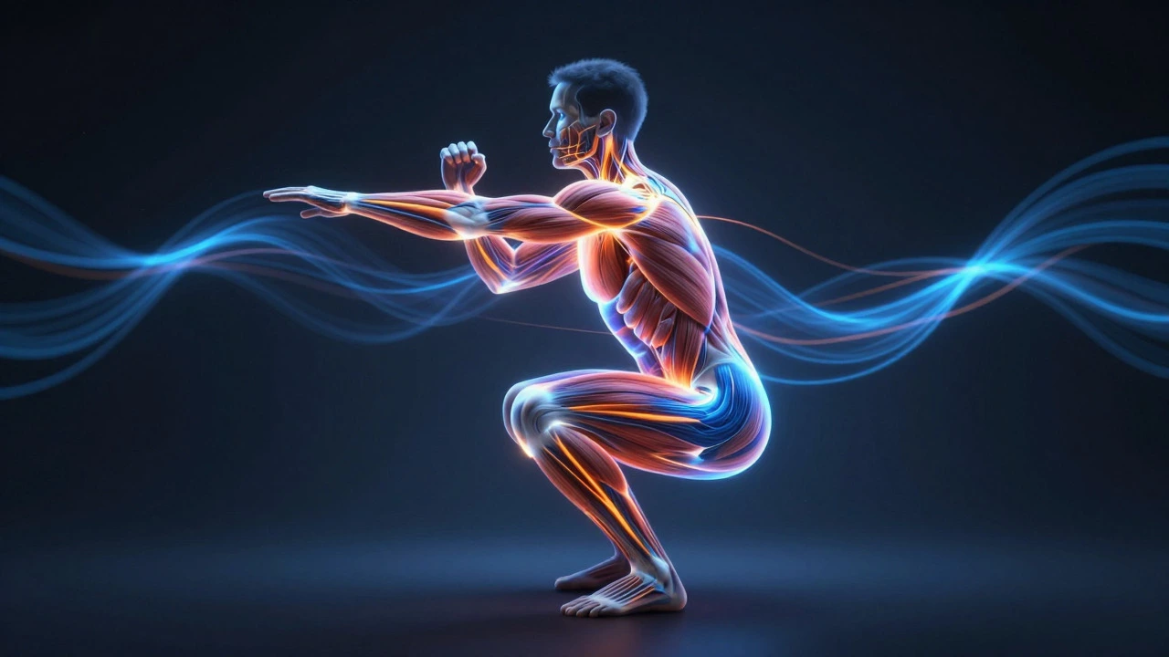 Anatomical illustration showing glowing muscle activation during squat