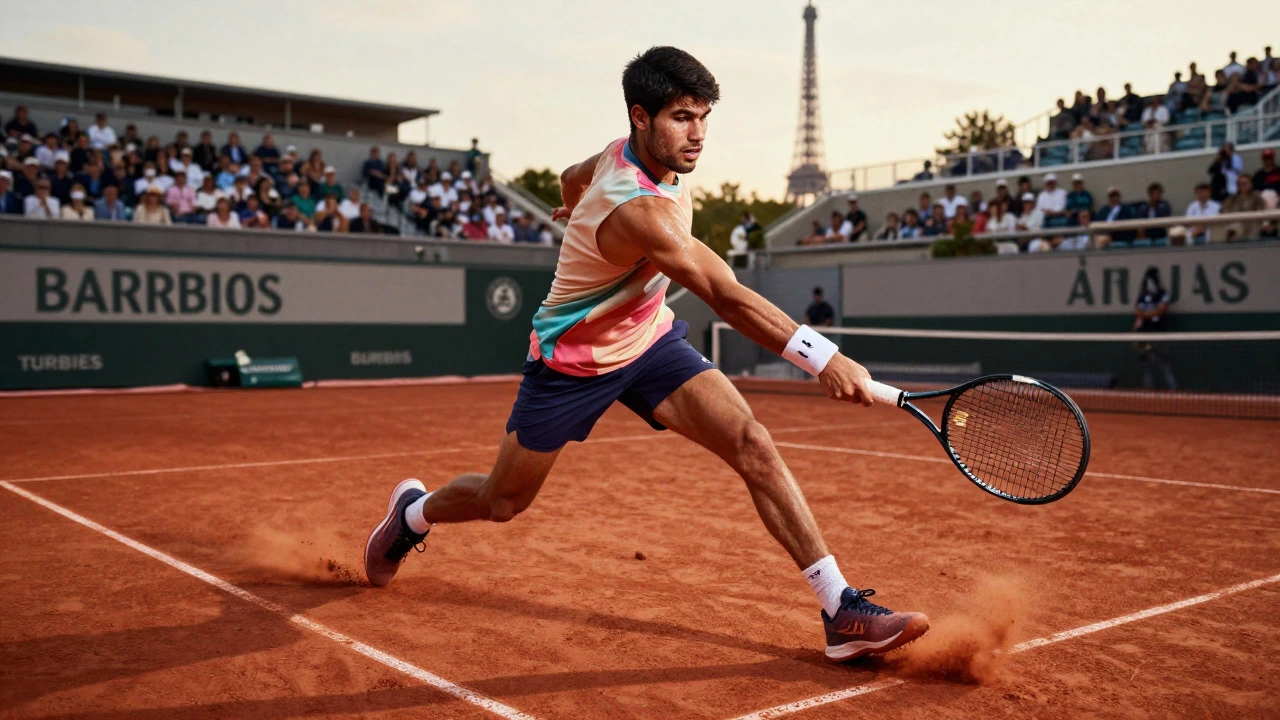Carlos Alcaraz plays an intense point on the red clay courts of the French Open in Paris.